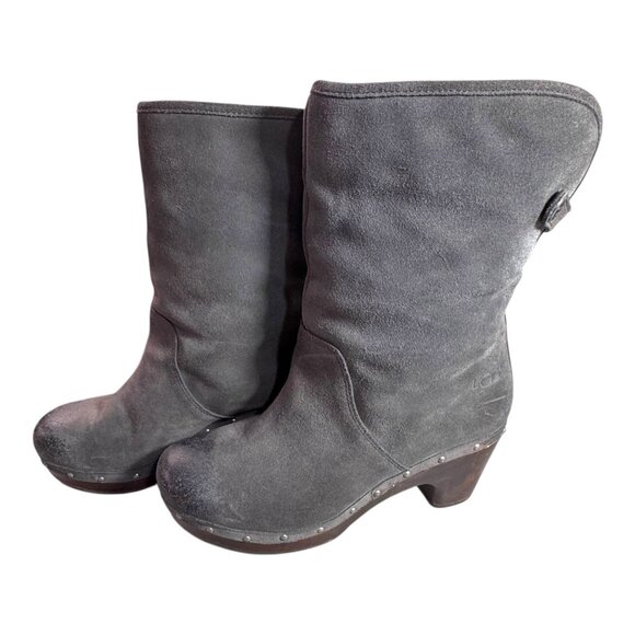 UGG Boots Women 6 Gray Leather Lynnea Fold Over Lined Wooden Clog Booties READ - Picture 1 of 12